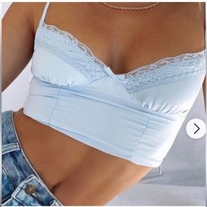 Princess Polly Old School Love Crop Top satin Light blue NWOT